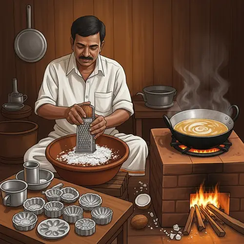 Coconut Jaggery Preparation: Traditional Rustic Kitchen Process