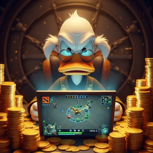 Elderly Duck in Cyber Sporting Room with Golden Coins