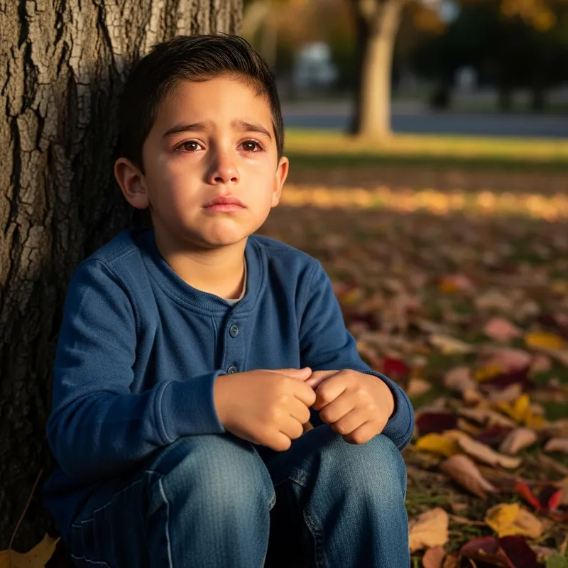 Crying Hispanic Boy in Autumn Park | Lost in Thought