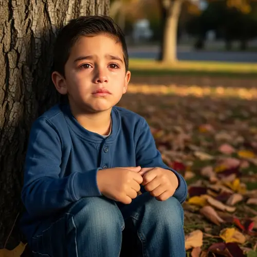 Crying Hispanic Boy in Autumn Park | Deep Sadness Portrait