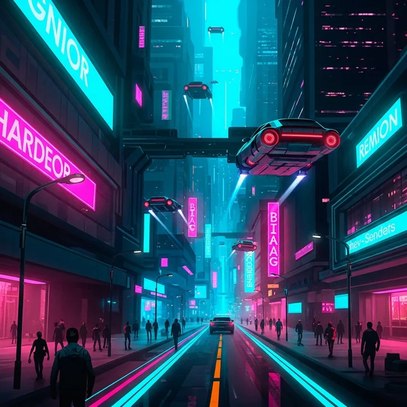 Vibrant Cyberpunk Cityscape with Neon Lights & Flying Cars Vibrant Cyberpunk Cityscape with Neon Lights & Flying Cars