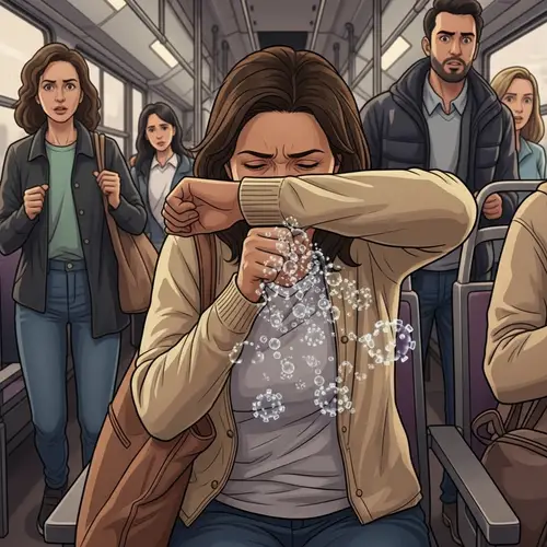 Illustration of Hispanic Woman Coughing in Public