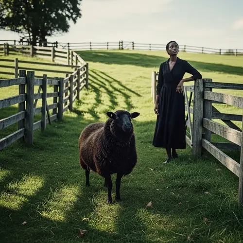 Rustic Country Setting with Black Sheep and Stylish Woman