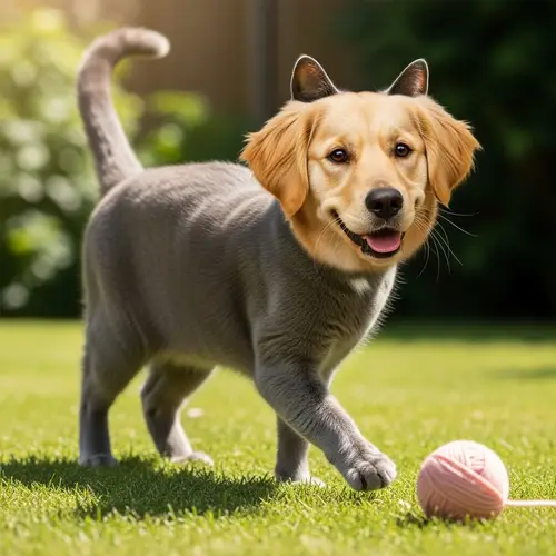 Cat with Dog's Head - Curious Creature in Sunlit Garden