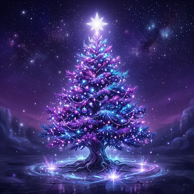 Majestic Evergreen Christmas Tree in Mystical Night Setting Majestic Evergreen Christmas Tree in Mystical Night Setting