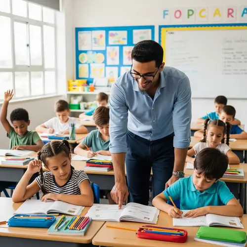 Dedicated Primary School Teacher Instructing Multicultural Students
