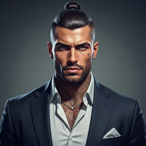 Mafia Boss Image: Piercing Blue Eyes, Top Knot Hairstyle
