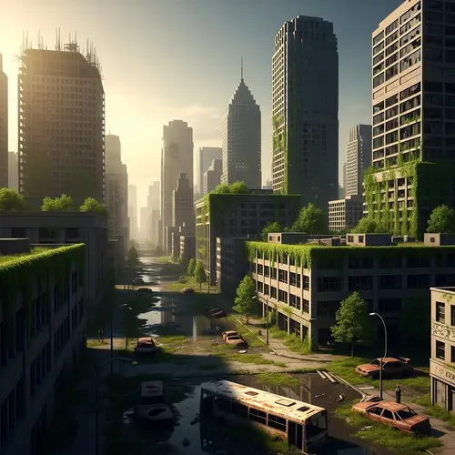 Apocalyptic Cityscape: Decaying Buildings and Overgrown Moss