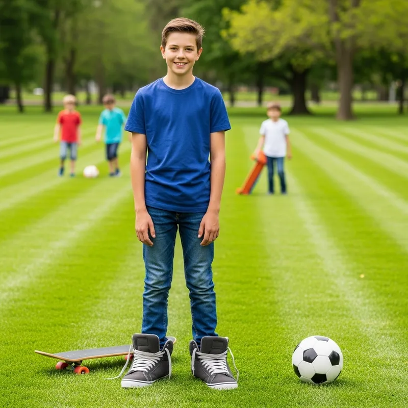 13-Year-Old Boy with Big Feet | Casual Style in Park Setting 13-Year-Old Boy with Big Feet | Casual Style in Park Setting