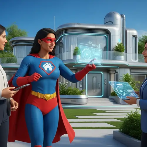 Superhero Real Estate Agent Selling Futuristic House