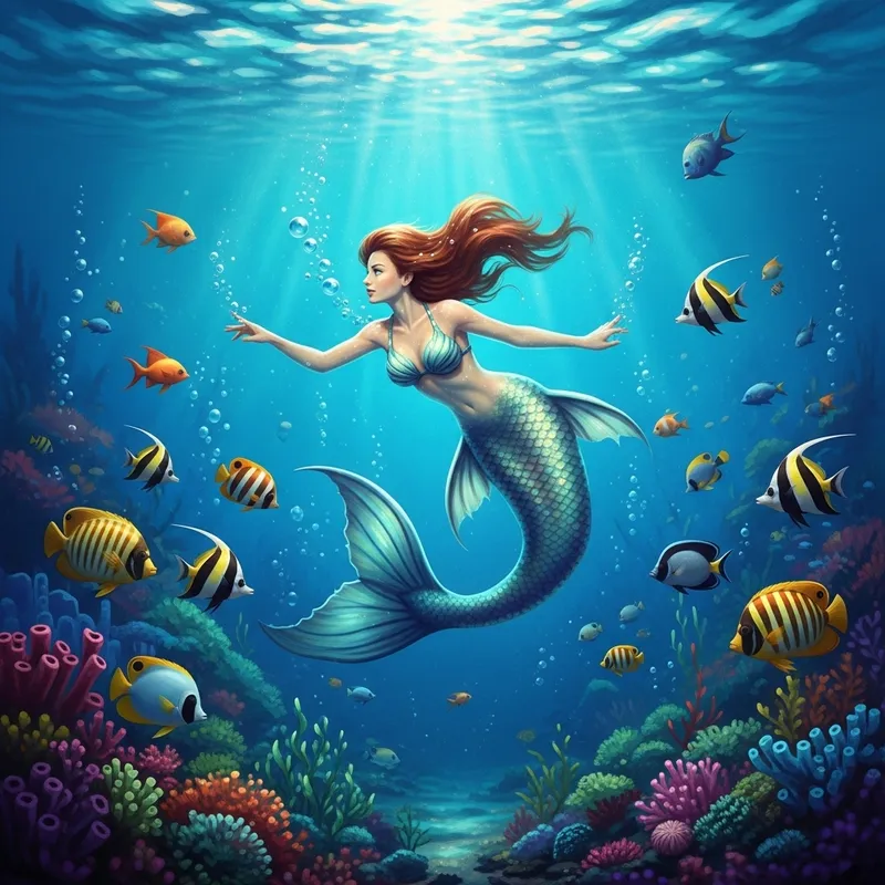 Enchanting Mermaid in Underwater Paradise with Tropical Fish