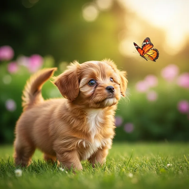 Adorable Small Breed Puppy Chasing Butterfly