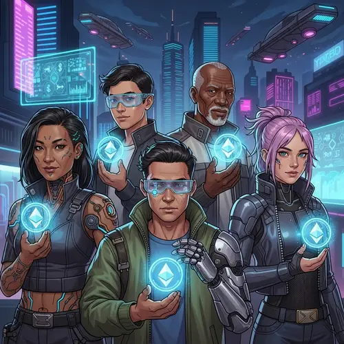 Futuristic Diverse Group Holding Ethereum Coins | Blockchain Tech