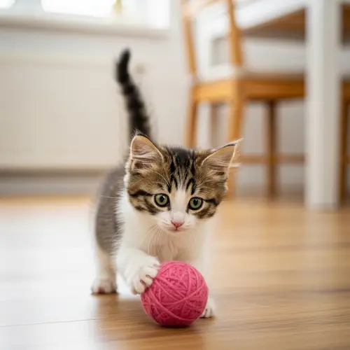 Adorable Fluffy Kitten Pouncing on Pink Ball
