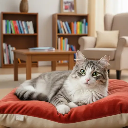 Fluffy Domestic Cat Lounging on Soft Plush Cushion
