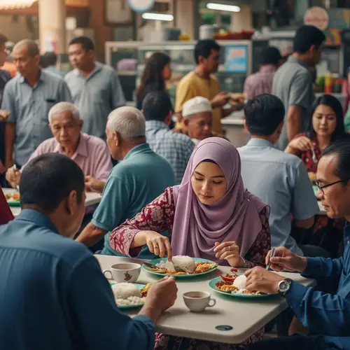 Traditional Malaysian Coffee Shop Scene with Diverse Crowd