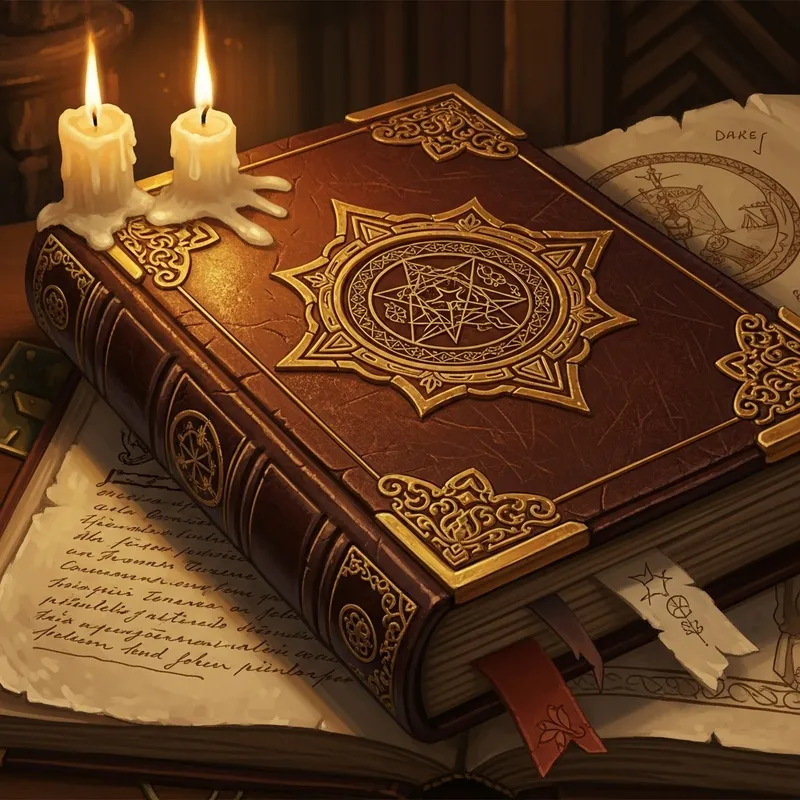 Vintage Leather-Bound Grimoire with Ornate Gold Detailing - Mystical Atmosphere Vintage Leather-Bound Grimoire with Ornate Gold Detailing - Mystical Atmosphere