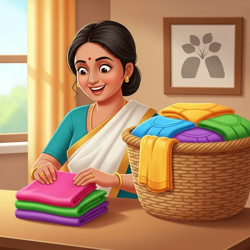 Wholesome South Asian Mother Cartoon: Laundry Day Serenity Wholesome South Asian Mother Cartoon: Laundry Day Serenity