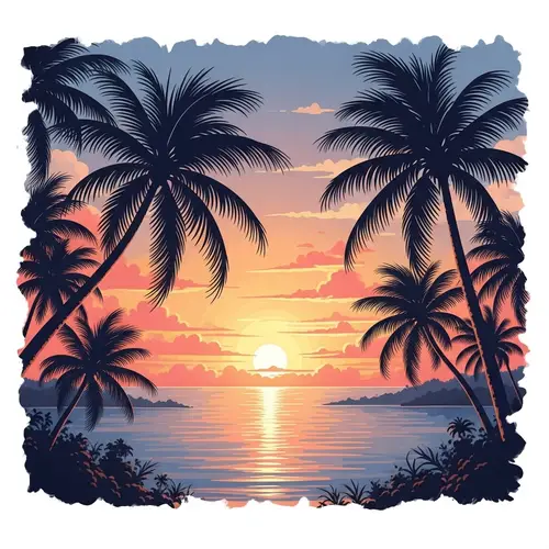 Tropical Sunset Watercolor Painting | Calm Sea & Palm Trees