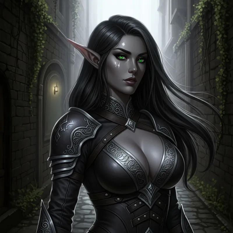 Beautiful Female Dark Elf with Mysterious Aura Standing in Lit Alleyway