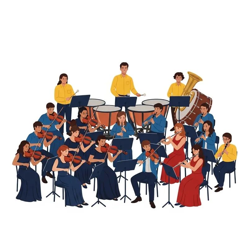 Vibrant Symphony Orchestra in Yellow, Blue, and Red Attire