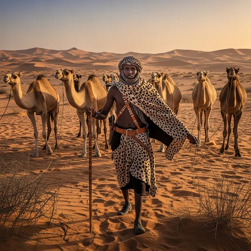 Nomadic Somali Man Handling Camels in Cheetah Fur Outfit