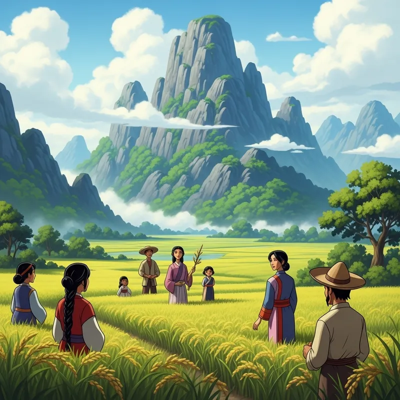 Rice Field and Majestic Mountain Vista | Traditional Peaceful Characters