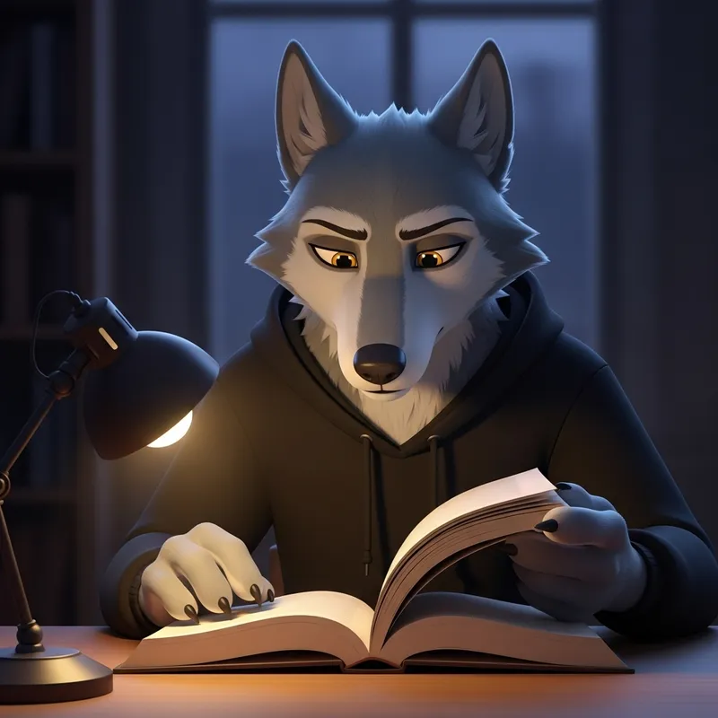 Animated Wolf in Black Hoodie Studying Animated Wolf in Black Hoodie Studying