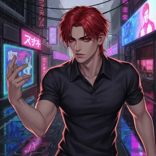 Dynamic Anime-Inspired Male Character in Red Hair and Polo Shirt