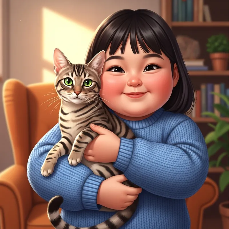 Chubby Cheeks Asian Girl with Cute Cat
