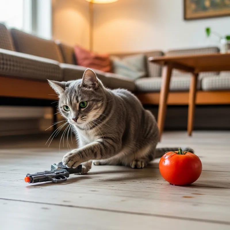 Playful Domestic Cat and Ripe Tomato