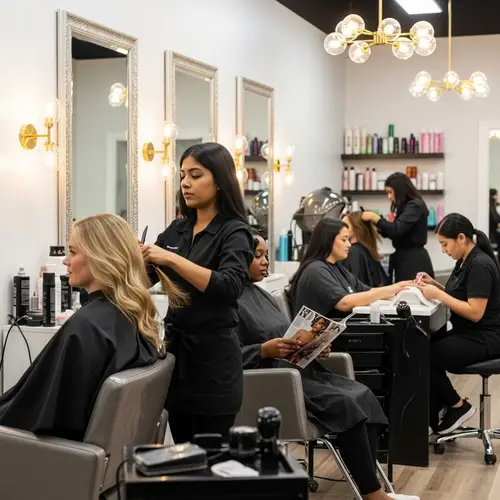 Diverse Beauty Salon Scene: Hair, Nails, and Fashion | Modern Stylish Interior