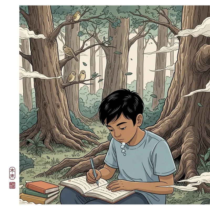 Moments of Self-Reflection and Growth in Forest | Boy Journaling Anime-inspired