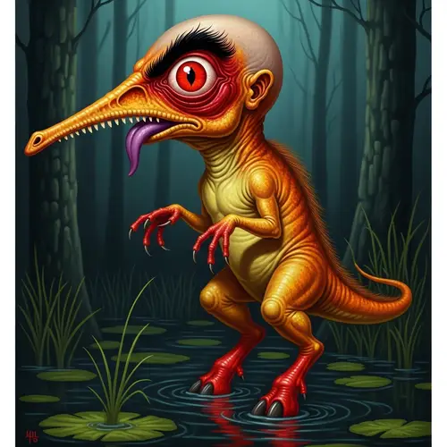 Terrifying Dinosaur-Like Monster in Dark Swamp - Surreal Fantasy Art