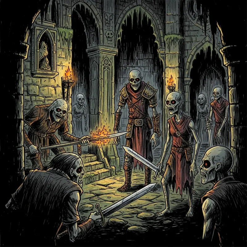 Eerie Dungeon with Undead Creatures | Dark Gothic Illustration