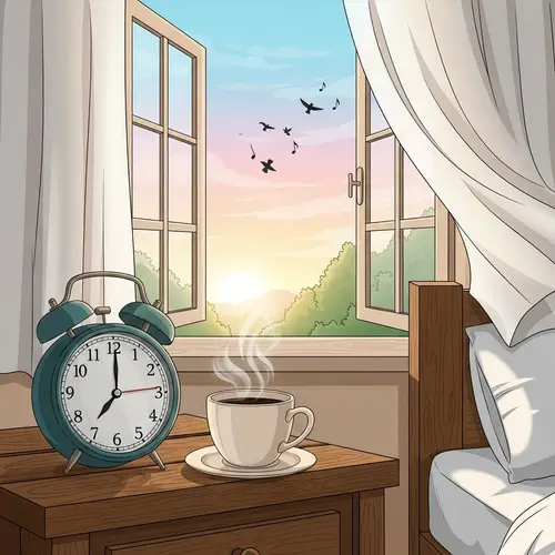 Tranquil Morning Scene with Alarm Clock and Coffee at 5 AM