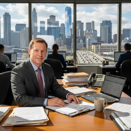 Middle-Aged City Council Member in Formal Suit at Desk