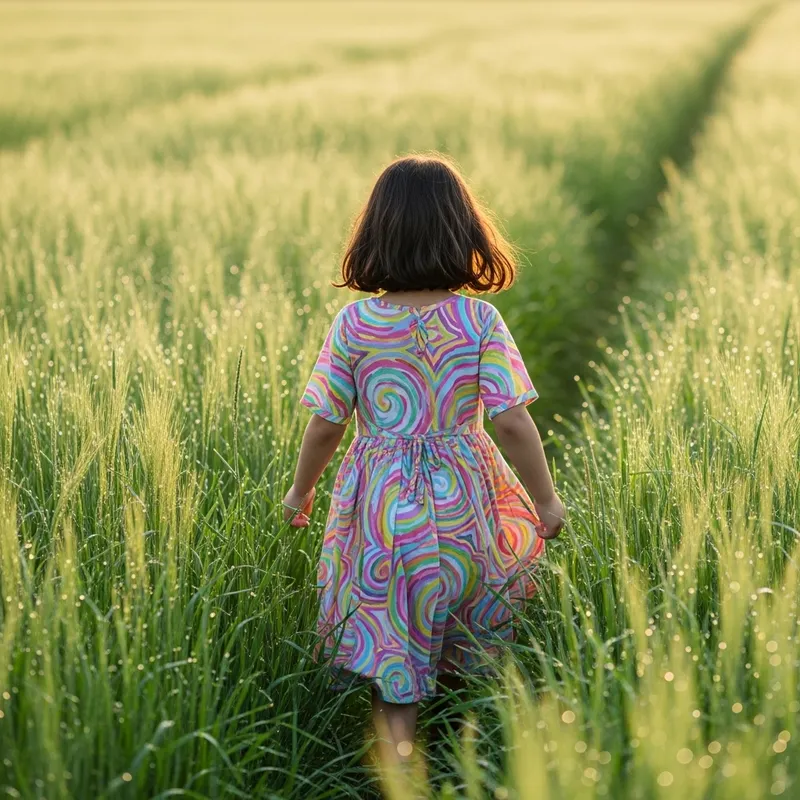 Yürüyen Kız in Lush Field - Serene Middle-Eastern Scene