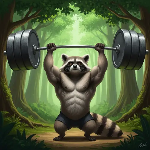 Strong Raccoon Lifts Barbell in Enchanted Forest
