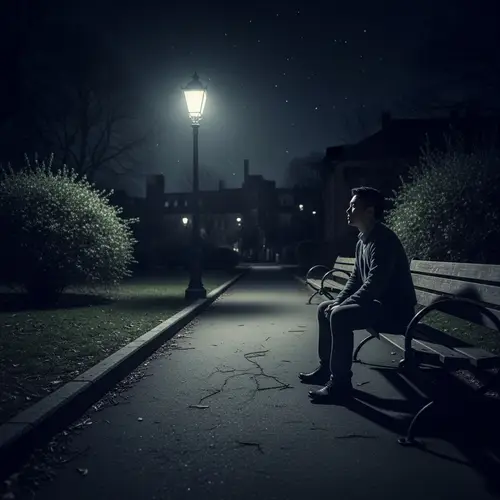 Solitude and Melancholy in City Park at Night - Emotional Scene