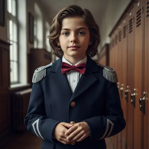Boy with Feminine Features in Dark Uniform & Bow Tie