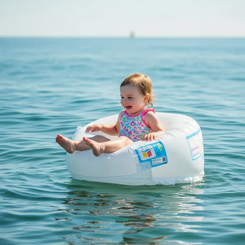 Joyful Toddler Girl Floats in Inflated Ocean Diaper