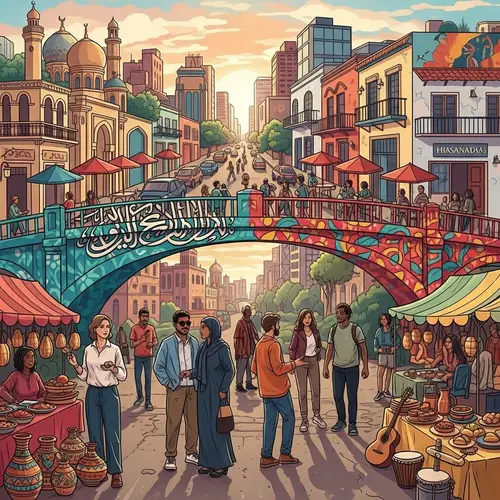 Bridging Cultures: Vibrant Cityscape with Cultural Unity Bridge