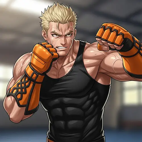 Muscular Male Character with Spiky Blonde Hair Pack a Punch