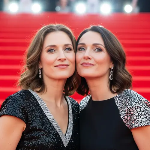 Elegant Sisters Sharing a Warm Kiss on Vibrant Red Carpet
