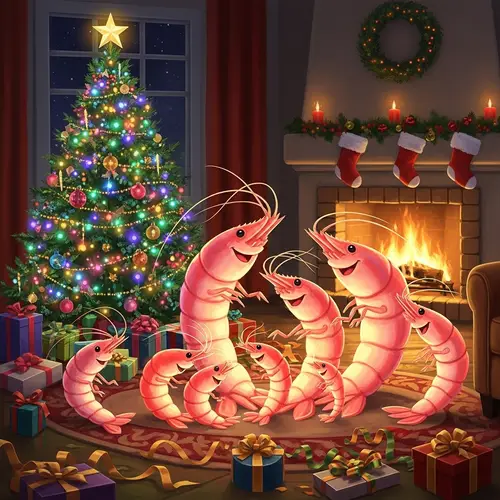 Anthropomorphic Shrimp Family Celebrates Christmas | Festive Scene