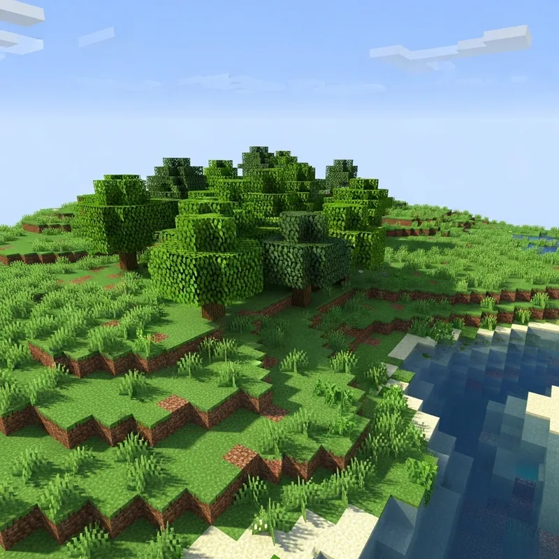 3D Minecraft Field: Blocky Landscape with River and Trees