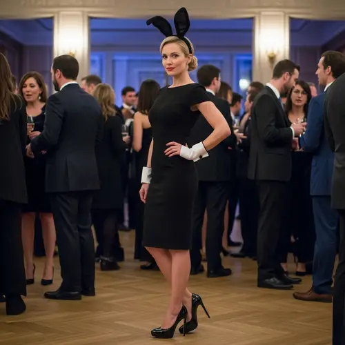 Bunny Girl in Black Cocktail Dress & High Heels