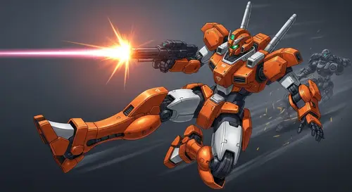 Dynamic Orange & White Gundam Battling in Futuristic Style