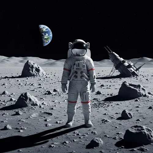 Lost Caucasian Astronaut on Moon's Barren Landscape - Digital Art